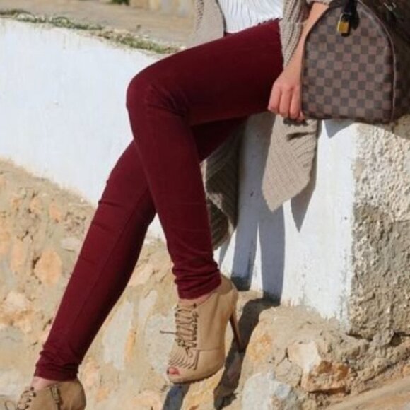 MONICA Burgundy Skinny Pants - Picture 1 of 9
